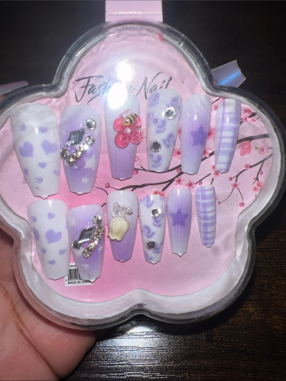 Lavender & White Press-On Nail Set with Rhinestone Accents